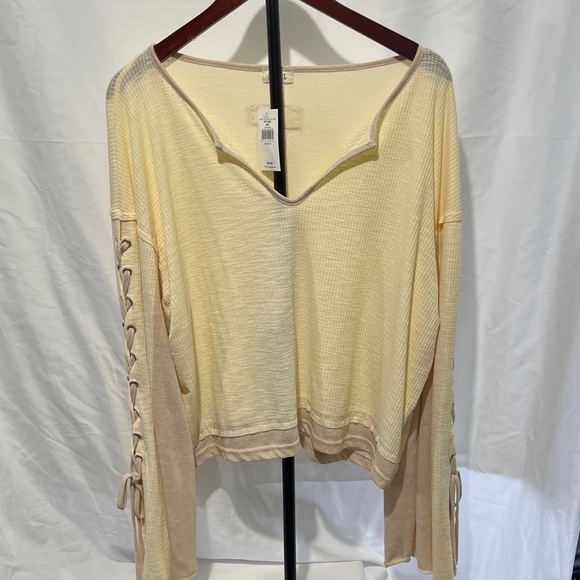 POL Tops - POL Yellow Lace-Up Sleeve Blouse